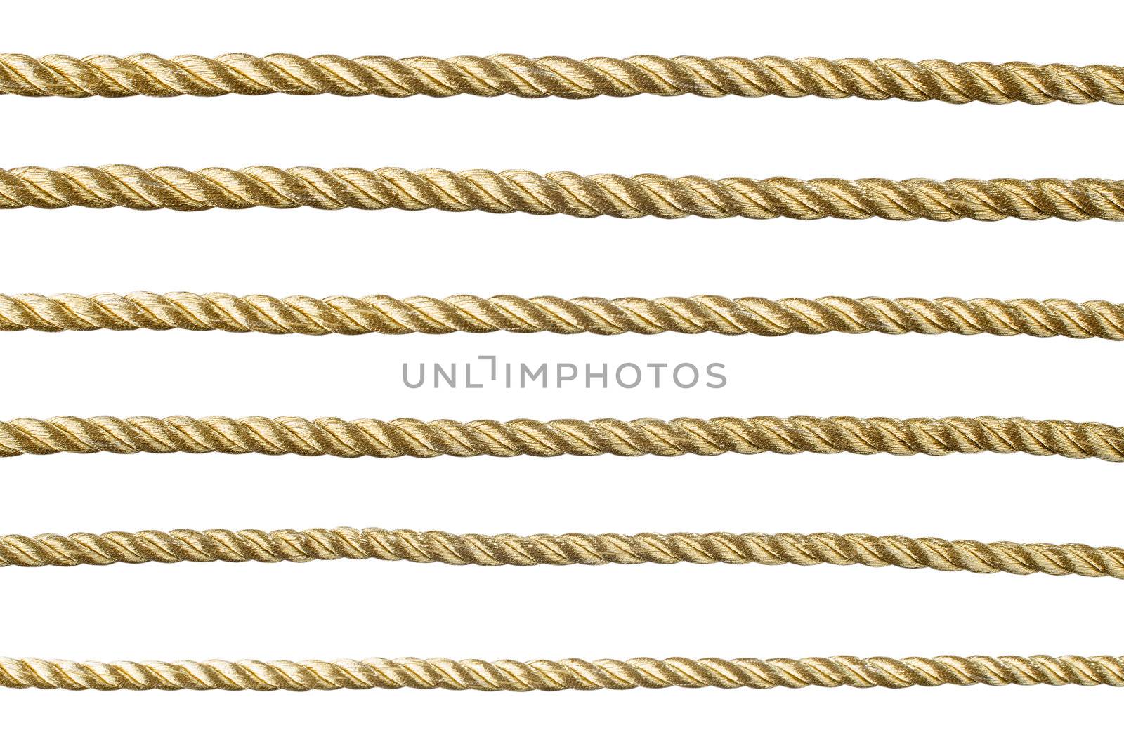 Seamless golden rope isolated on white background for continuous replicate.