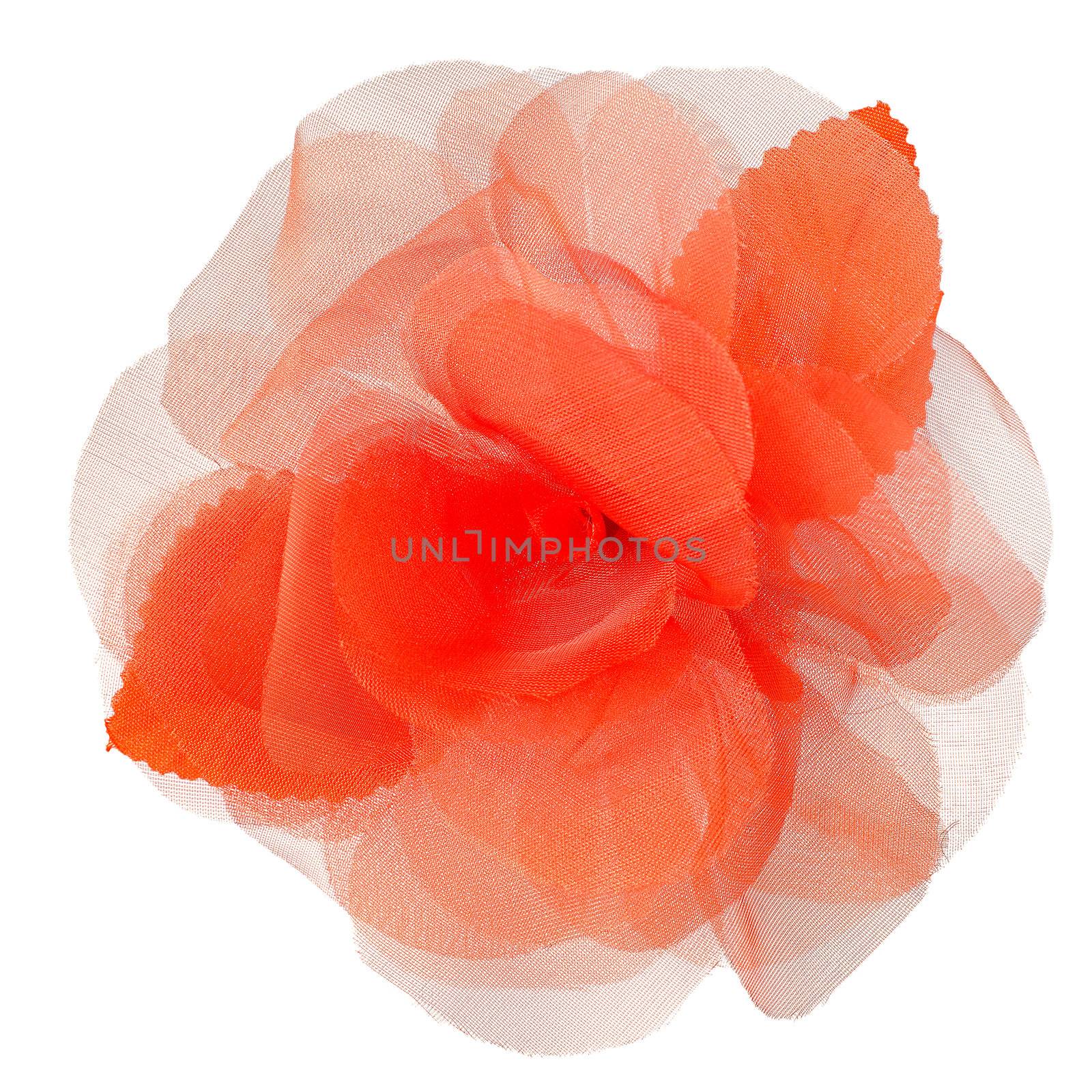 Red fabric flower isolated on a white background.