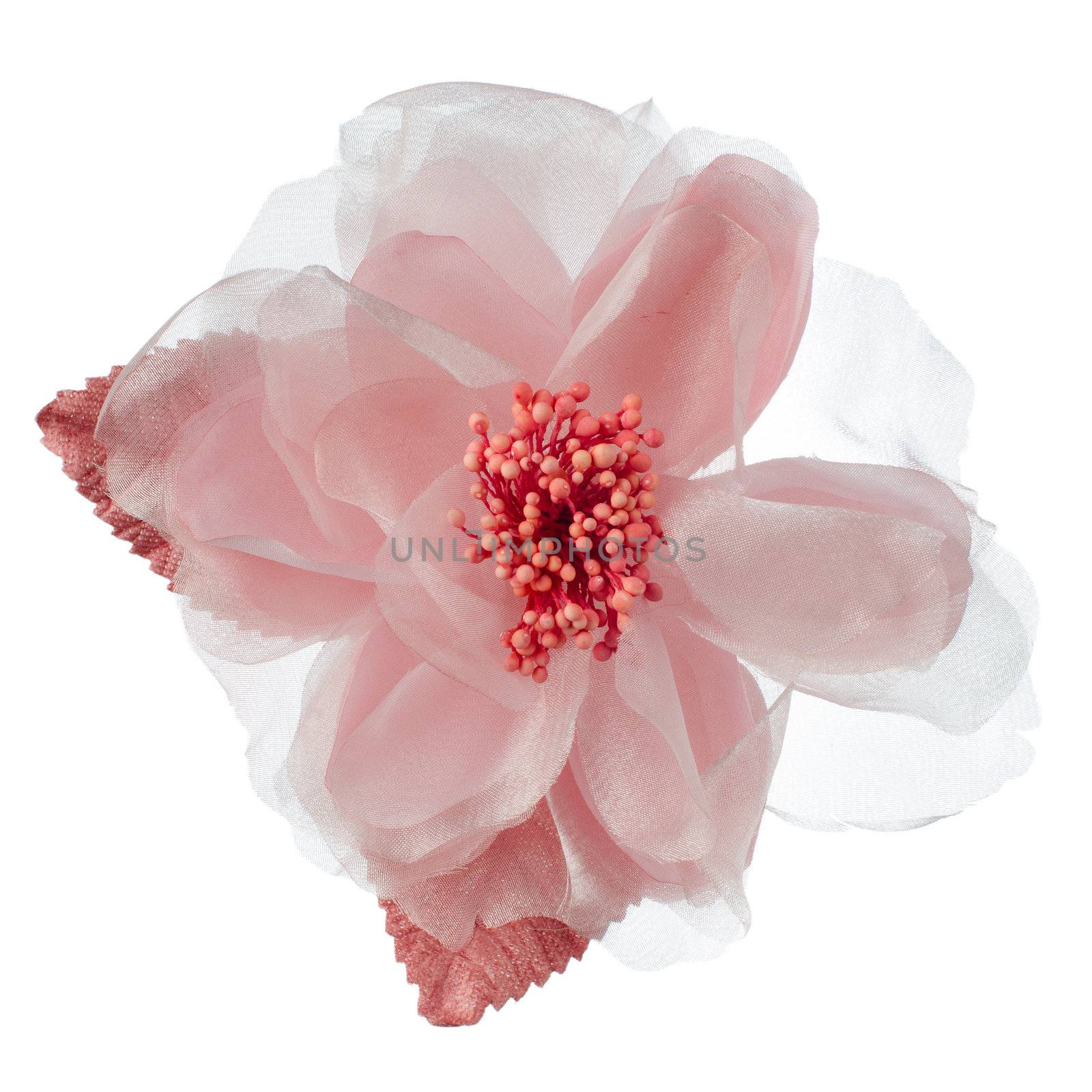 Pink fabric flower isolated on a white background.