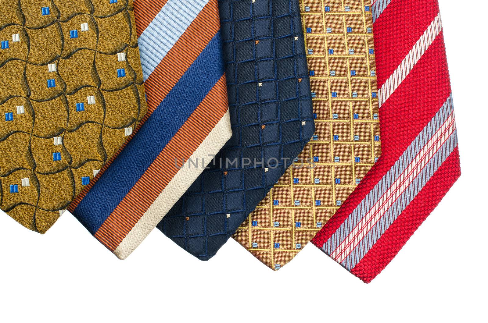 Closeup of five ties isolated on white background.