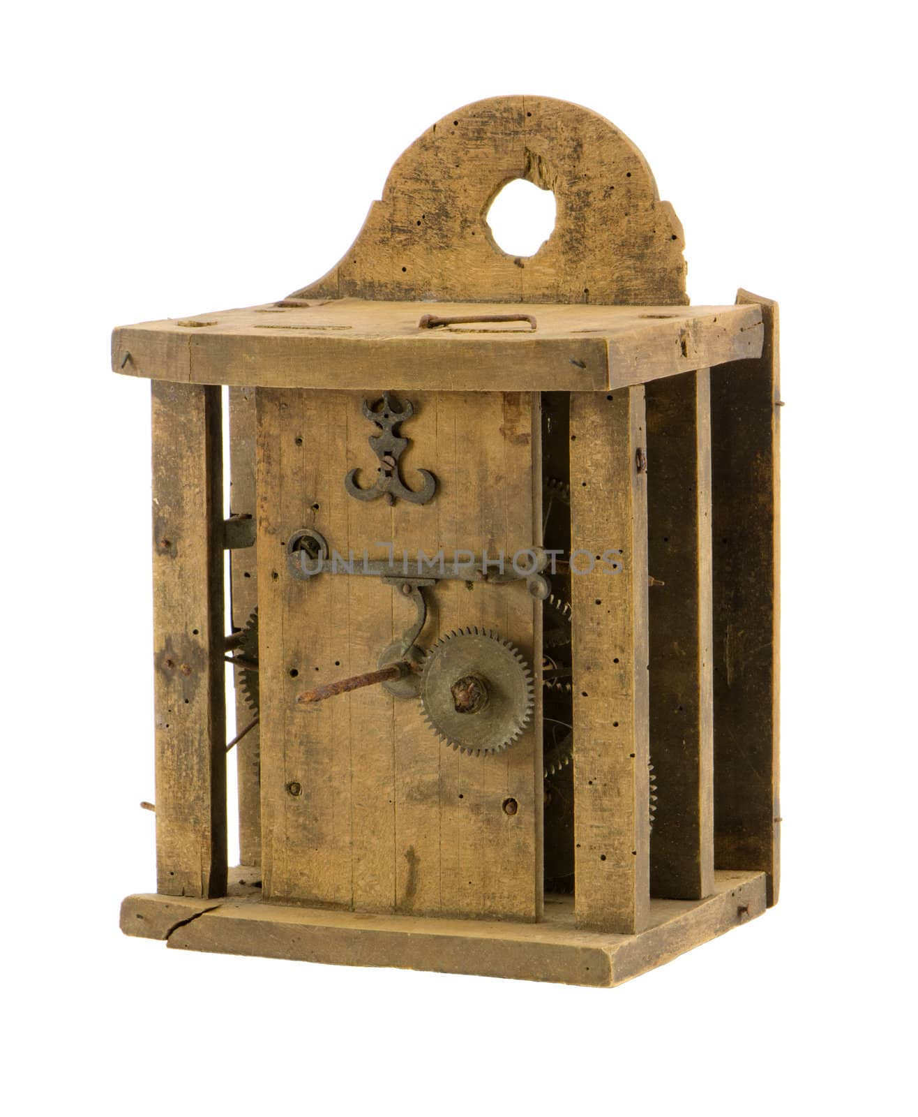 Retro wooden clock box mechanism residue isolated by sauletas