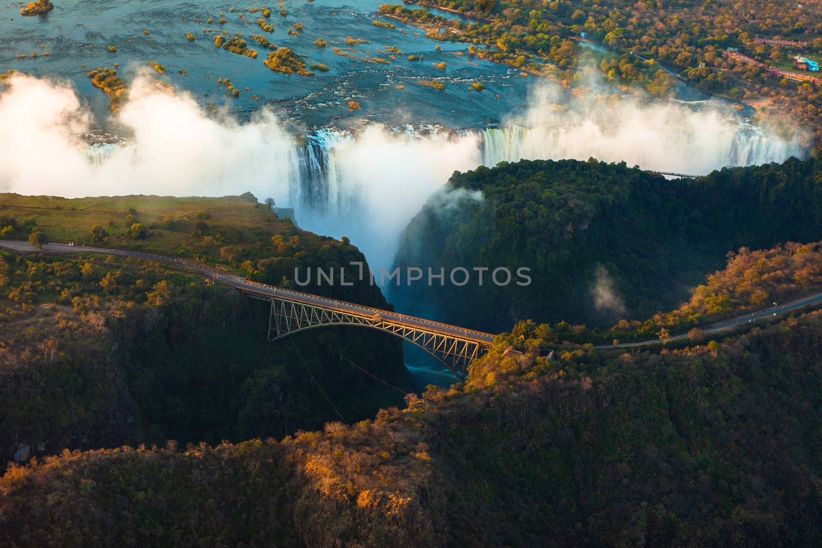 Victoria Falls from the air in the afternoon