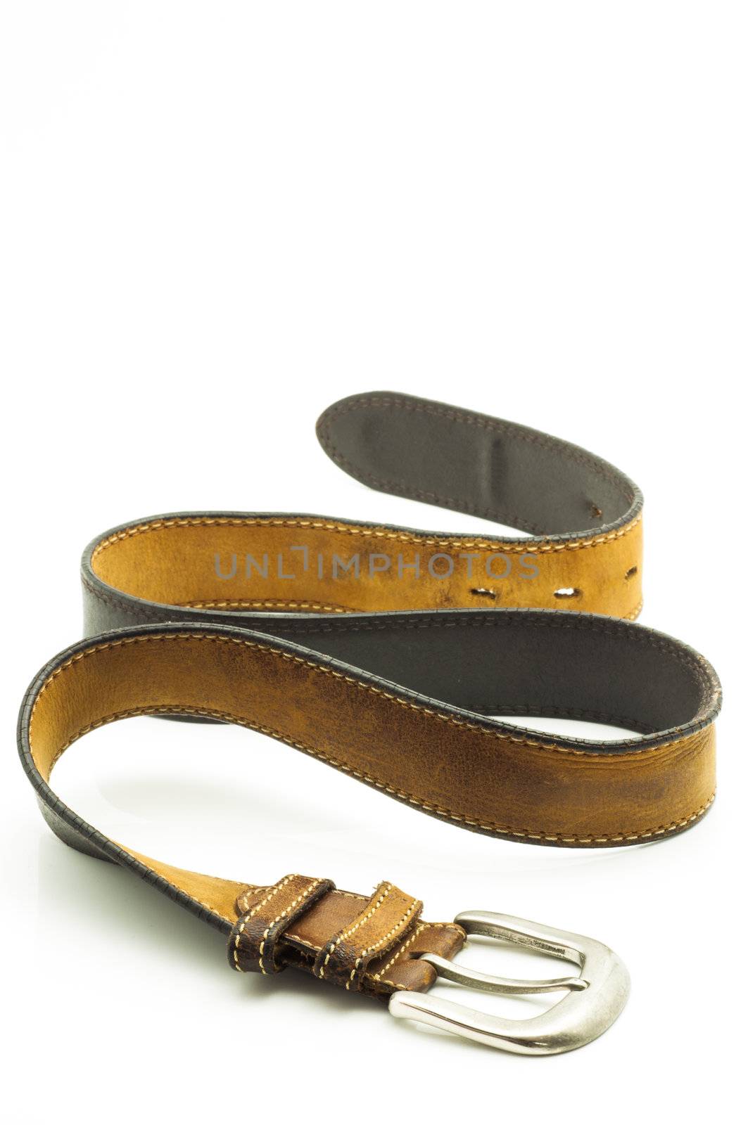 Rugged Brown Leather Jean Belt with Silver Buckle Isolated on White