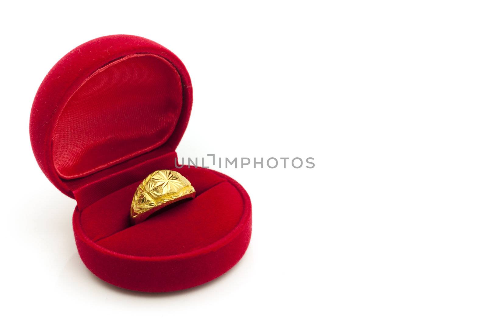 Red velvet box with golden ring