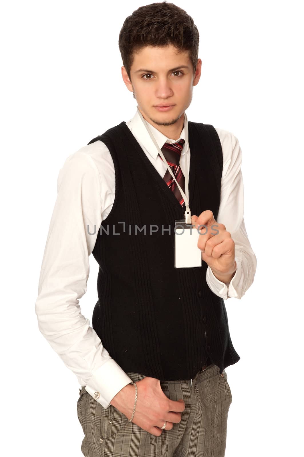 man showing his badge at the entrance of meeting room of a conference