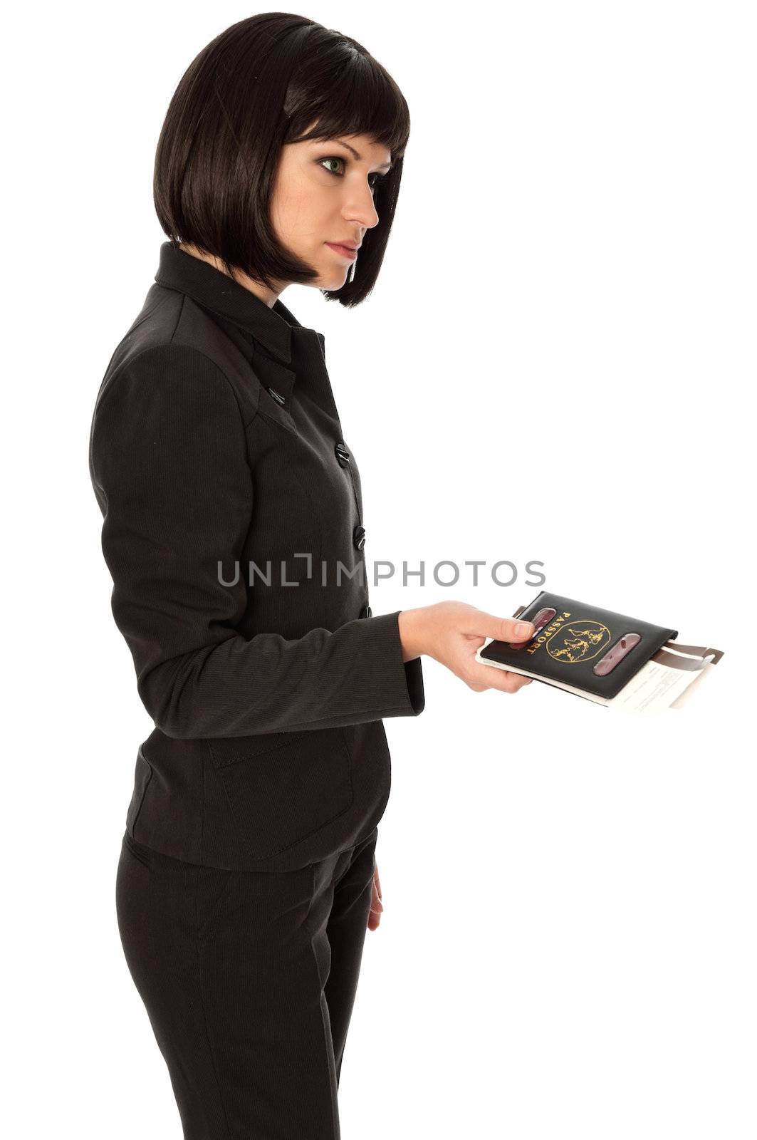 Woman holding in the hand passport for a business trip