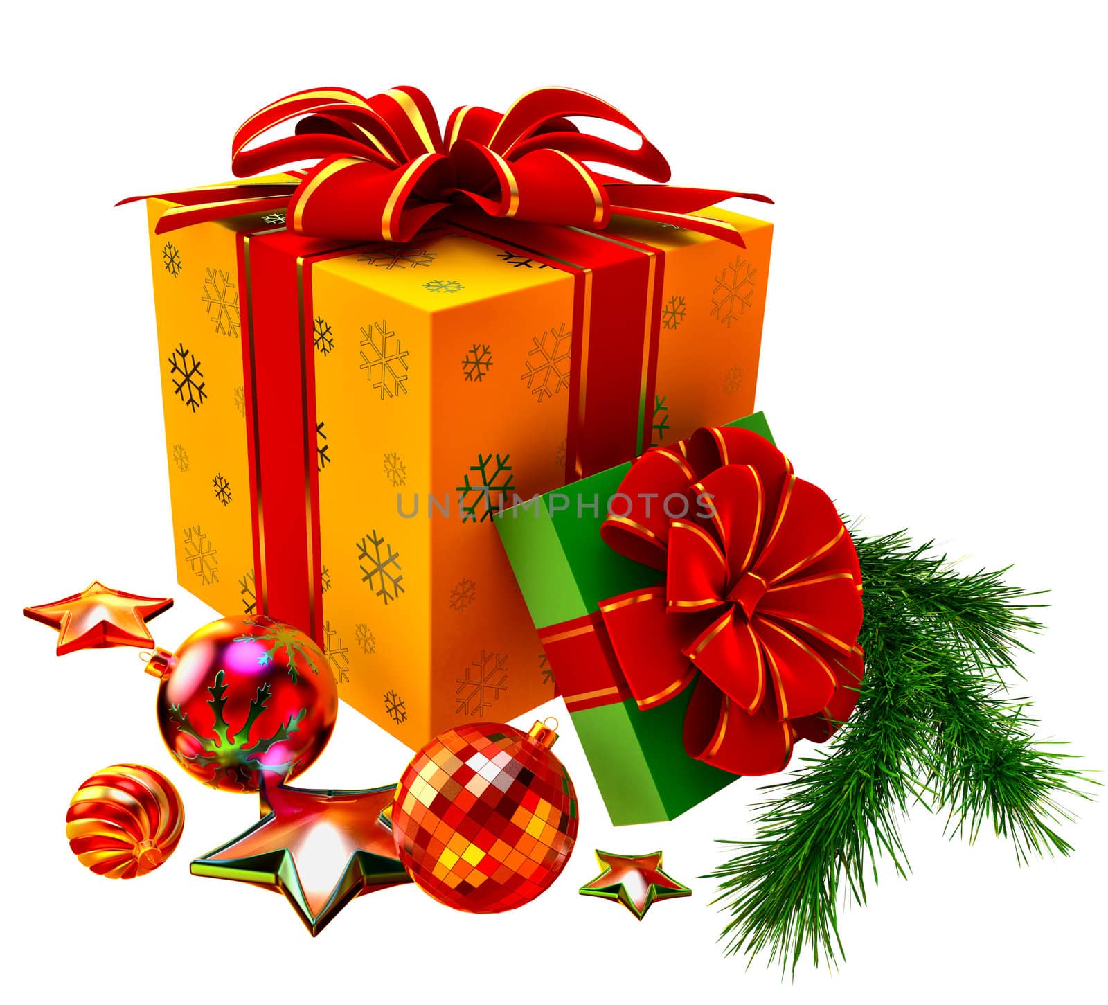 Christmas tree toys and set of yellow and green boxes ornamented with the snowflakes and decorated by red bows as gifts