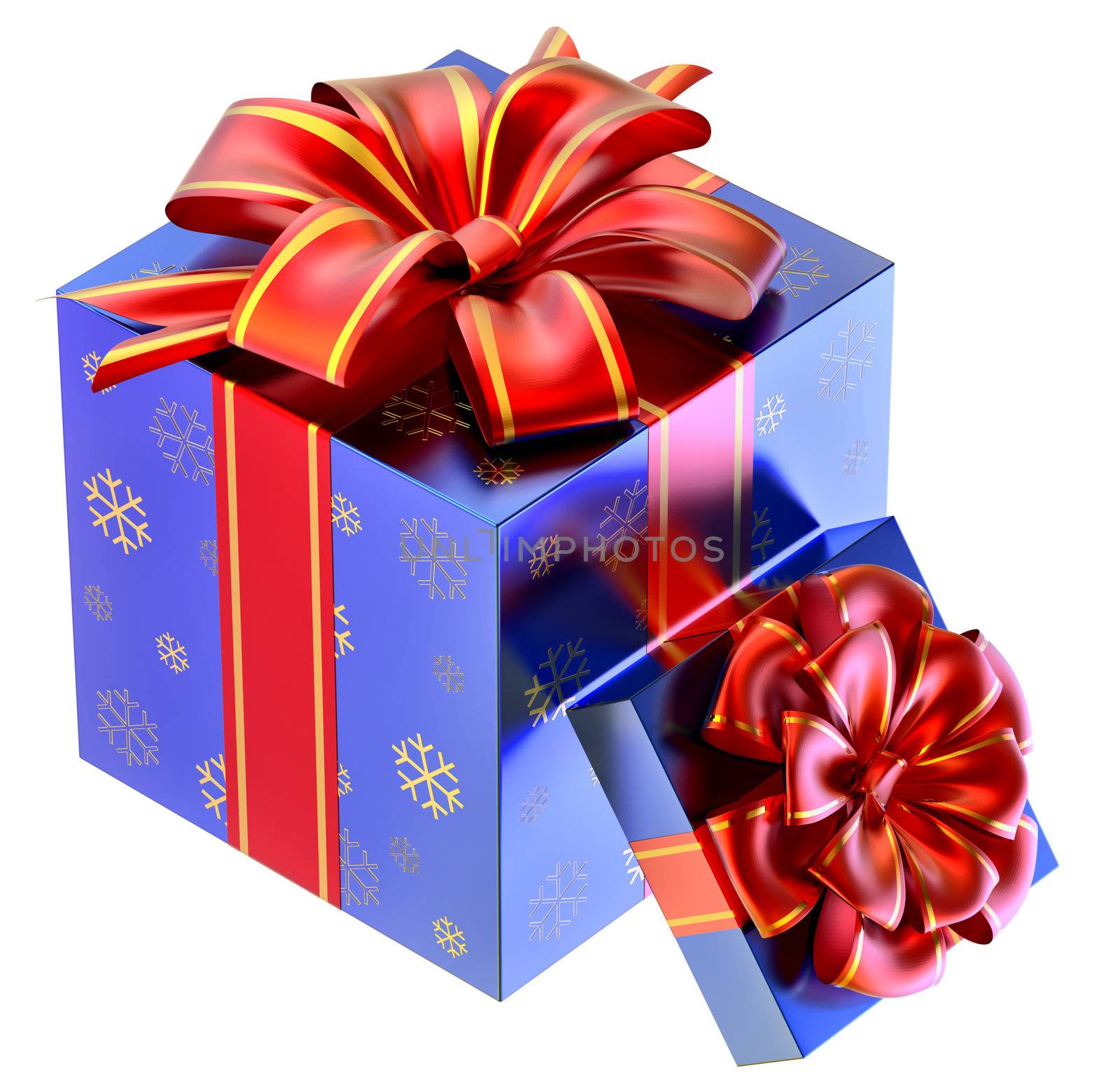 two blue boxes ornamented with the snowflakes and decorated by red bows as gifts