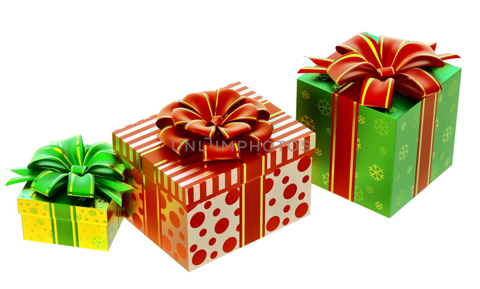 set of yellow, green and white boxes ornamented with the snowflakes and decorated by bows as gifts