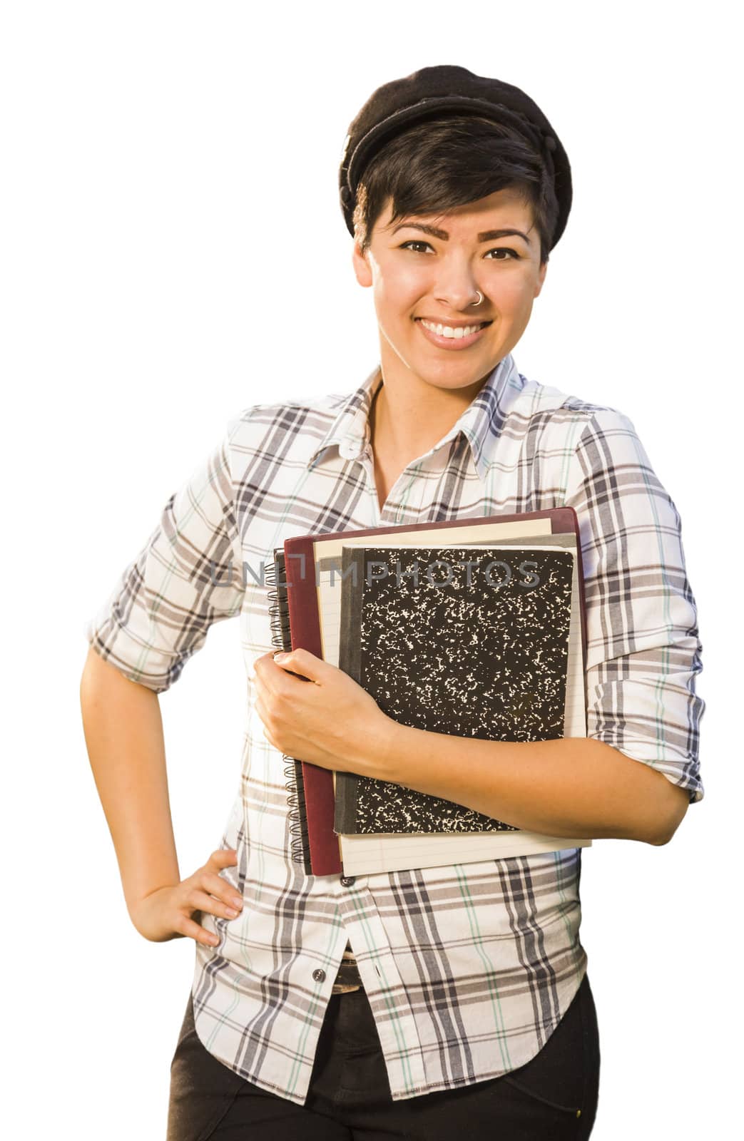 Portrait of Pretty Mixed Race Female Student Holding Books Isolated on a White Background.