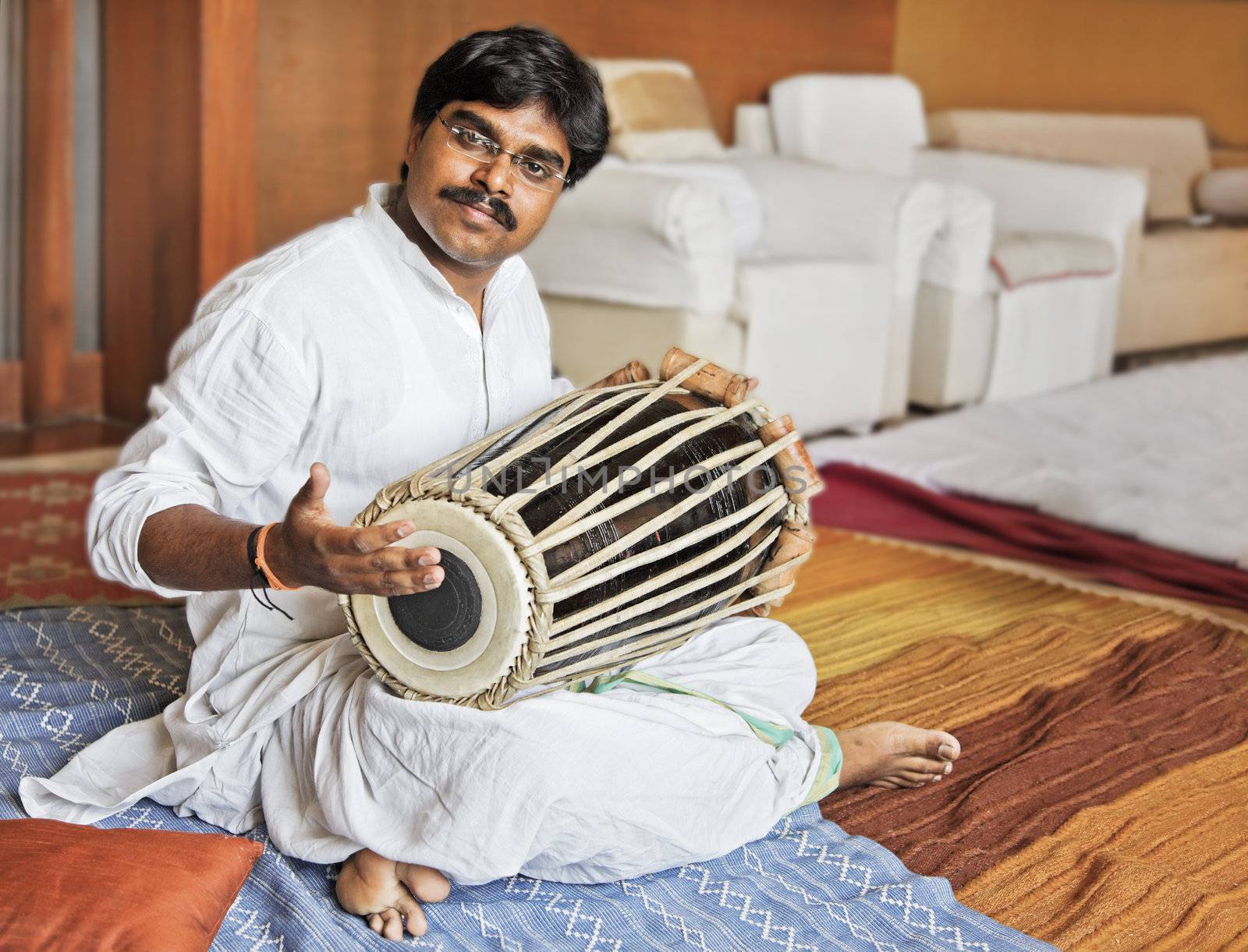 Hanumant Ghadge Tabla player from Maharashtra India during an accompaniment at private party in Bombay during April 2012