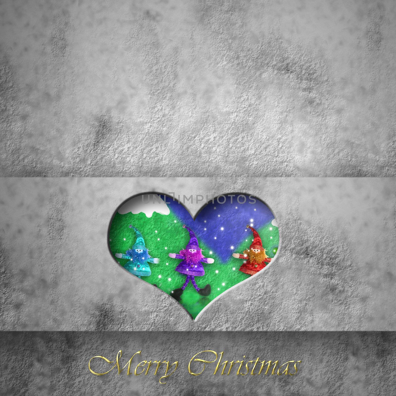 Christmas card background, heart with santa elves
