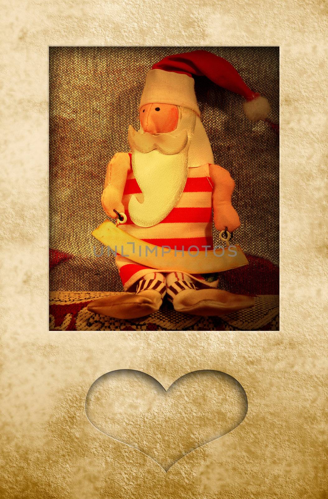 old postcard Santa Claus, parchment paper and heart