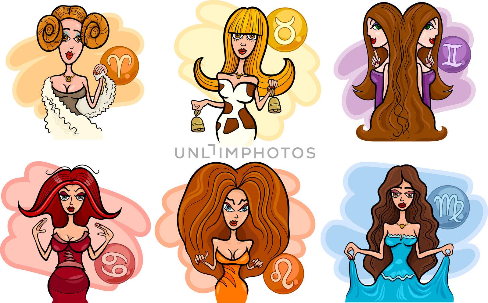 Cartoon Illustration of Horoscope Zodiac Signs with Beautiful Women