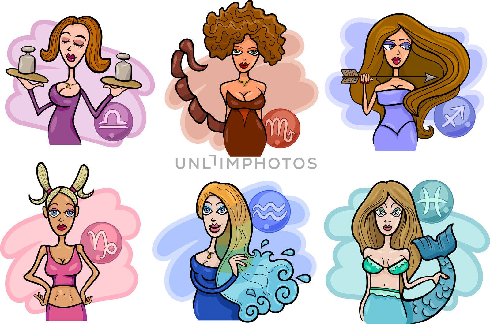 Cartoon Illustration of Horoscope Zodiac Signs with Beautiful Women