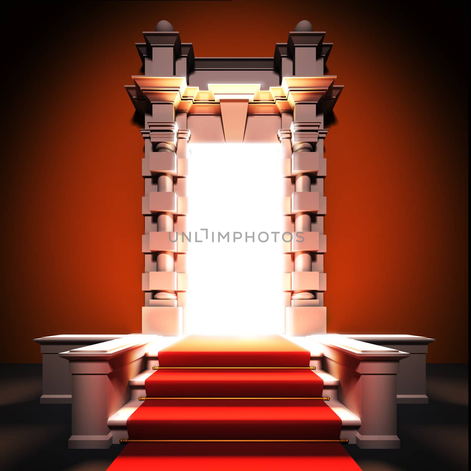A 3d illustration of red carpet way to classical portal.