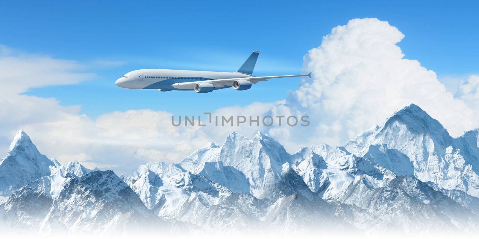 White passenger plane flying in the blue sky above the mountains with snow tops