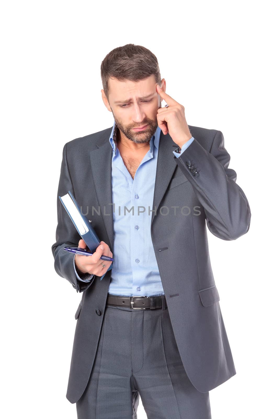 Portrait of thoughtful business man with diary, over white background