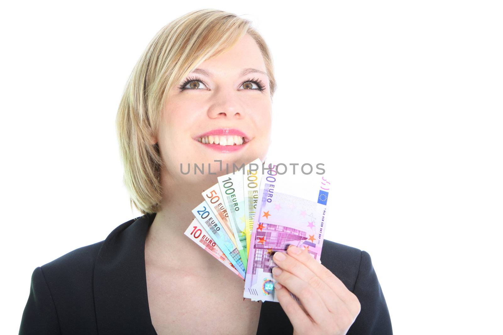 Beautiful young blonde woman holding Euro bills on a white background