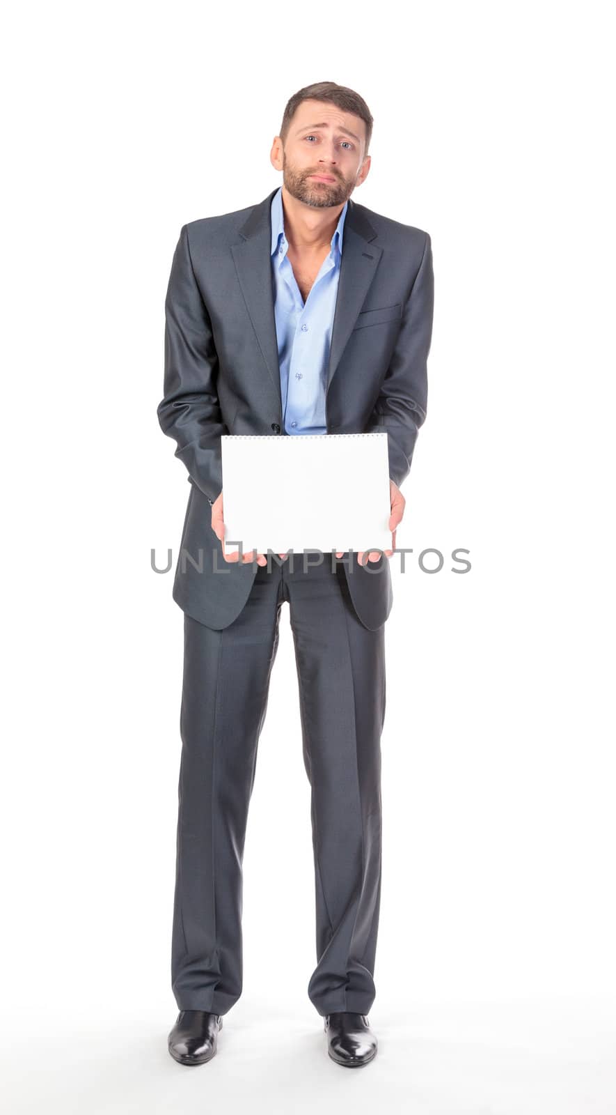 Full length portrait businessman showing an empty board to write by Discovod