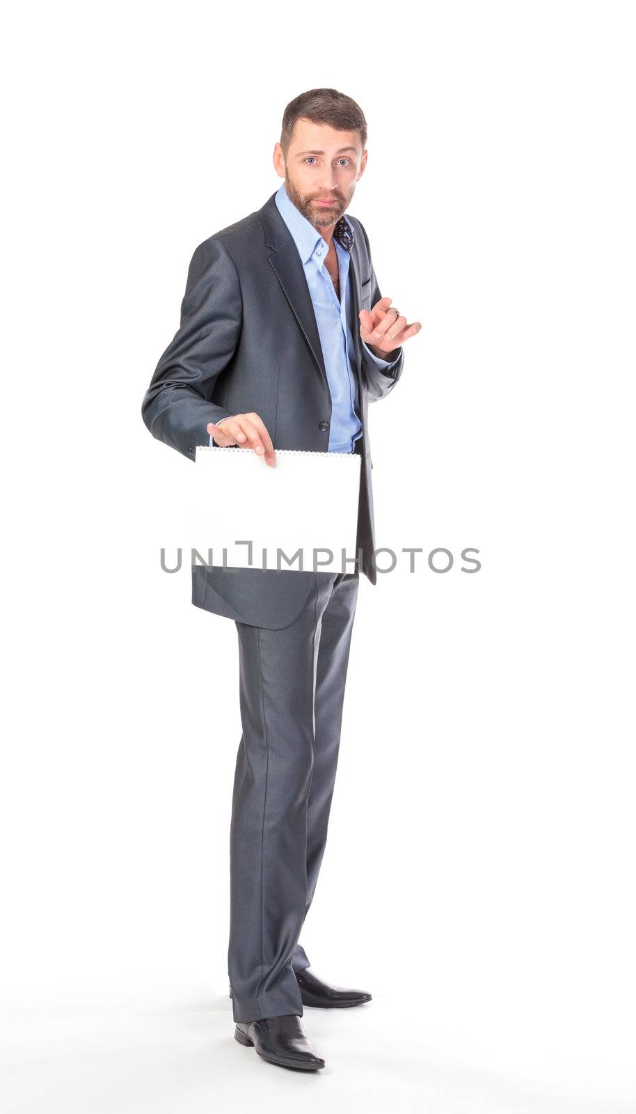 Full length portrait businessman showing an empty board to write, over white background