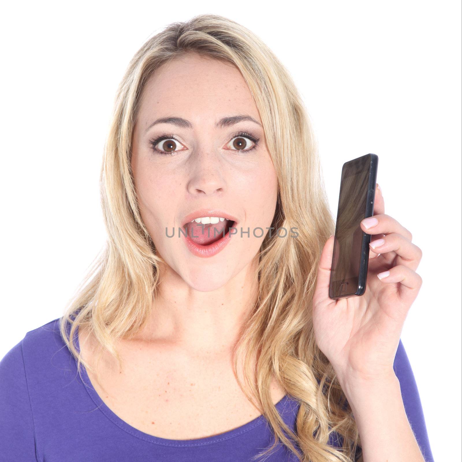 Surprised Young Blonde Woman Holding Cell Phone by Farina6000