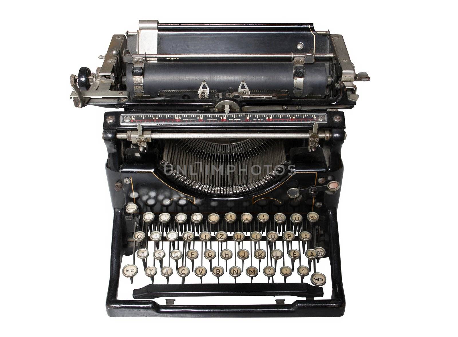 Old worn black metal typewriter.