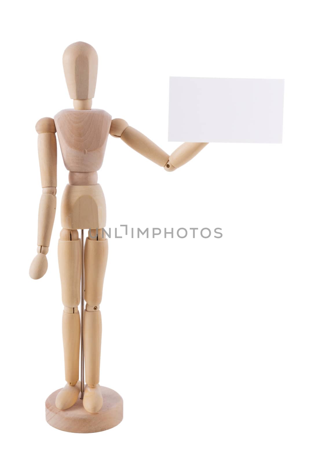 Wooden figure with raised arm holding a card with space for your text
