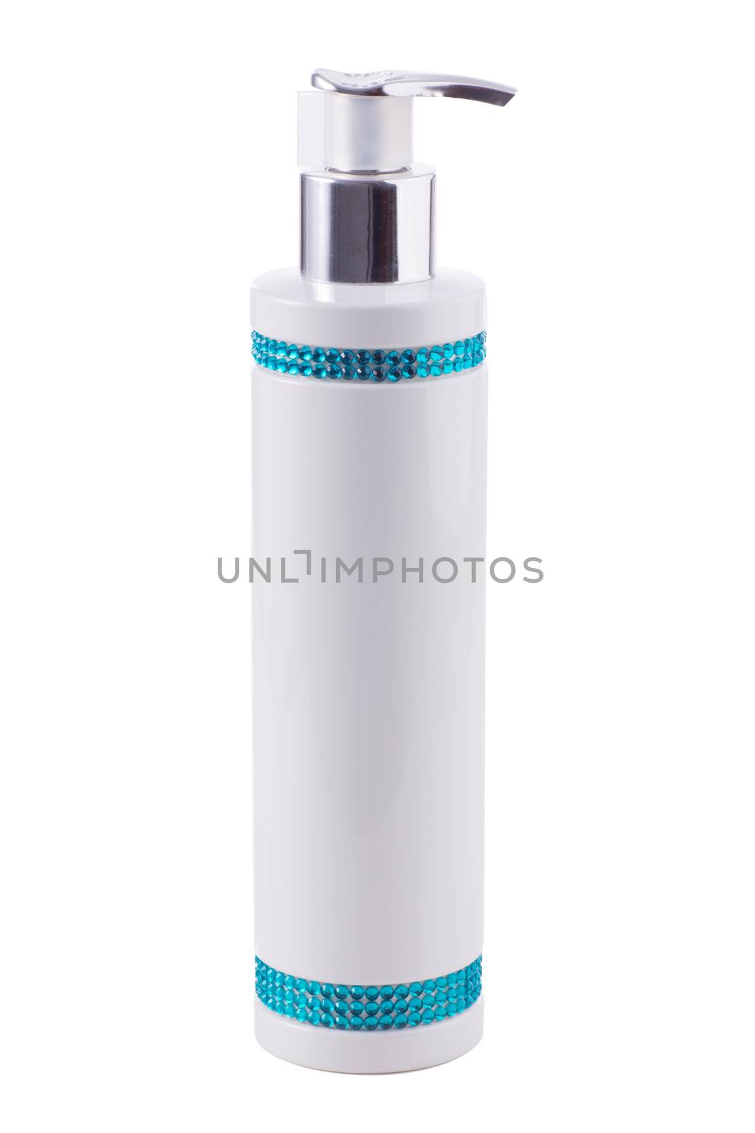 Standing lotion bottle with blue crystals on white background