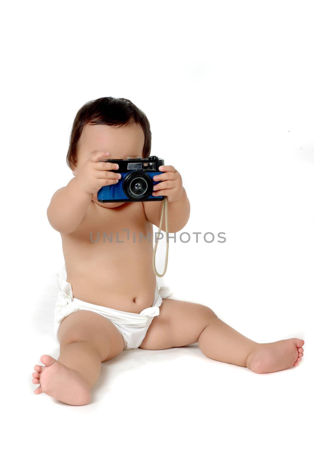 a chubby little  girl photograph with vintage camera isolated on white background