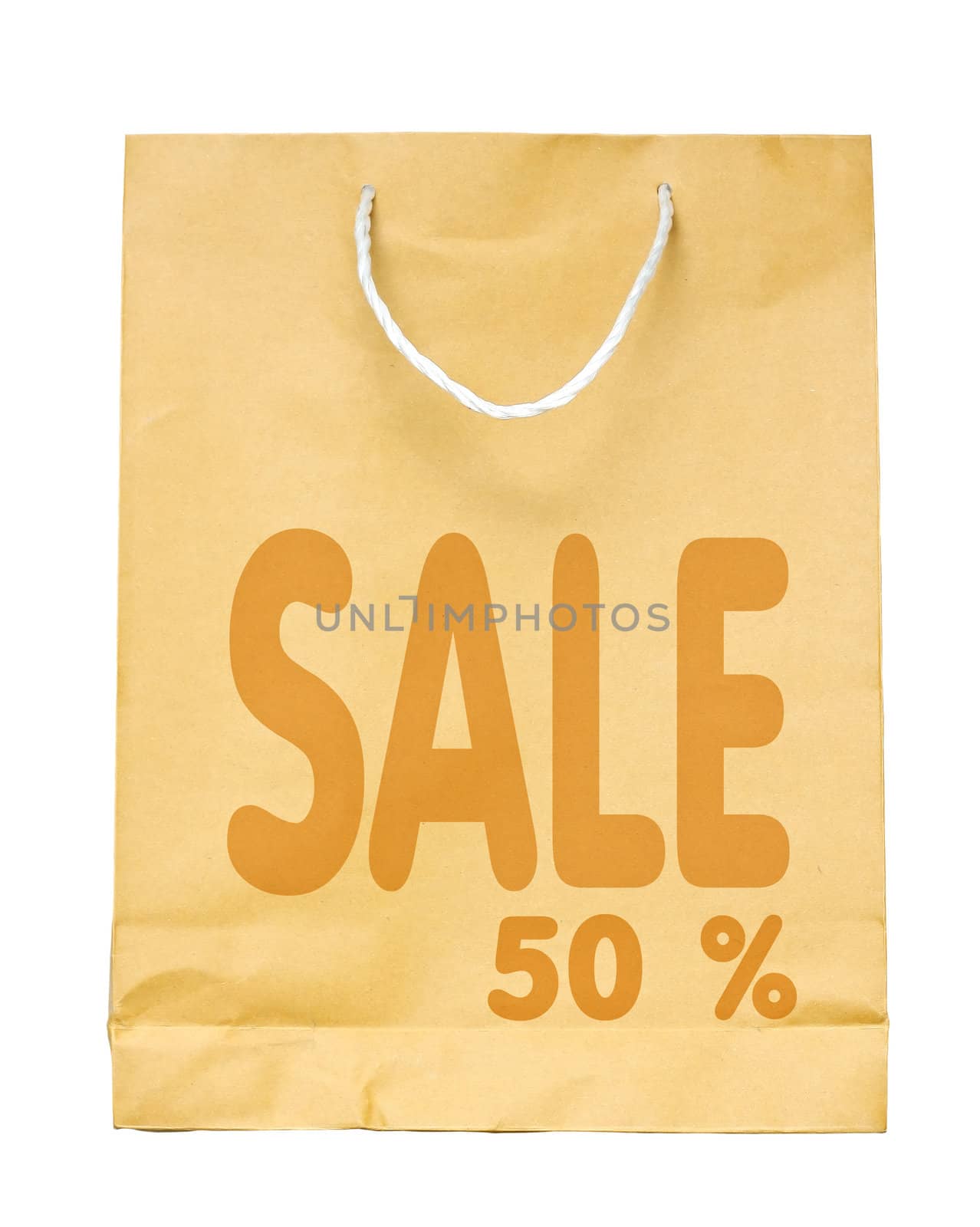 Brown paper shopping bag with Sale 50 % text isolated on white background.