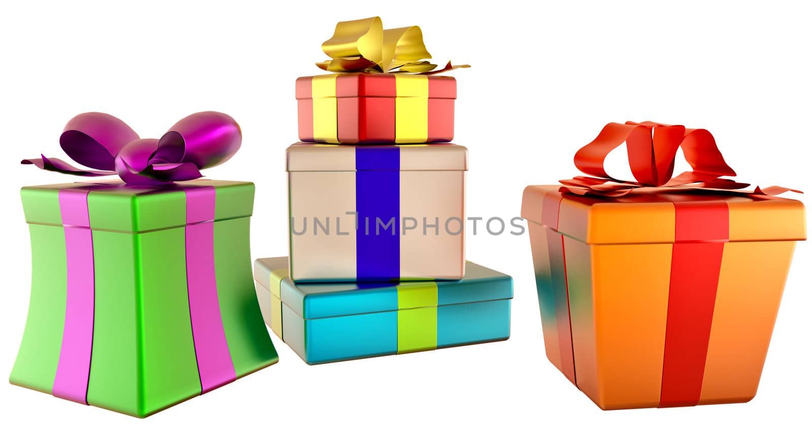 set of orange, yellow, green and white boxes ornamented with the snowflakes and decorated by bows as gifts