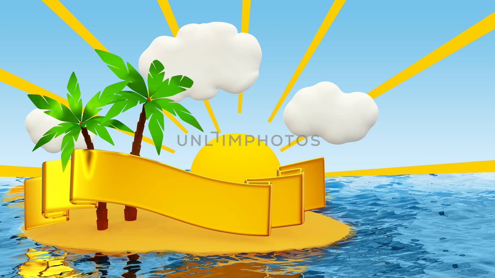 ocean, tropical island with palm and golden ribbon on sunny background