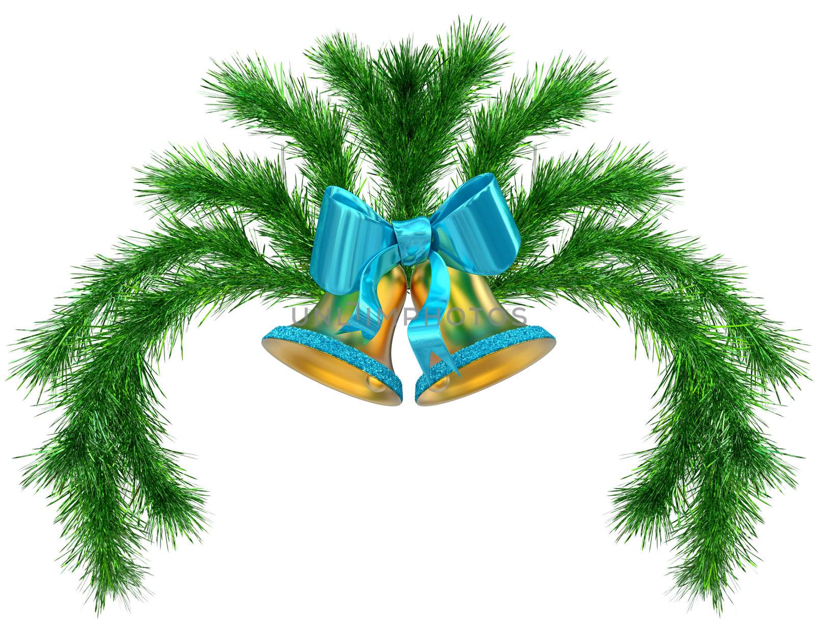 christmas frame with decorative green fir-tree branches, and golden bells