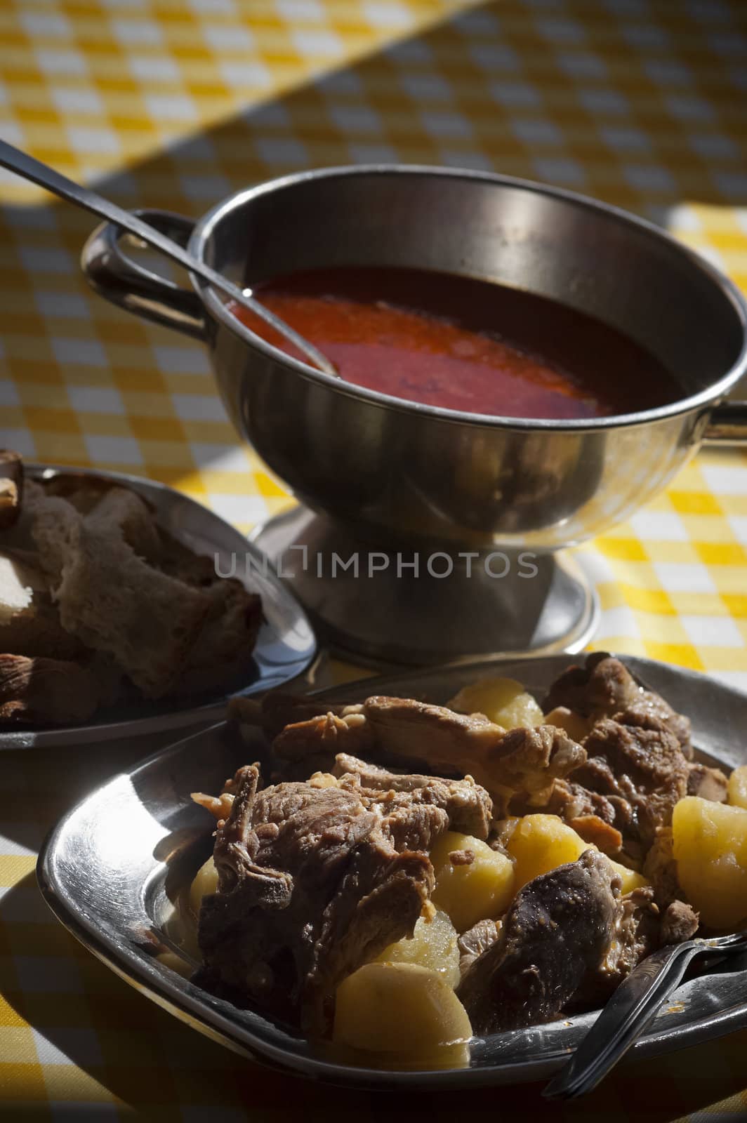 Real food photographed on location in traditional portuguese restaurants, lamb stew - ensopado de borrego - Alentejo, Portugal