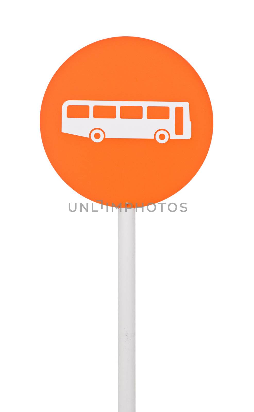orange bus stop sign on post pole (isolated on white background)