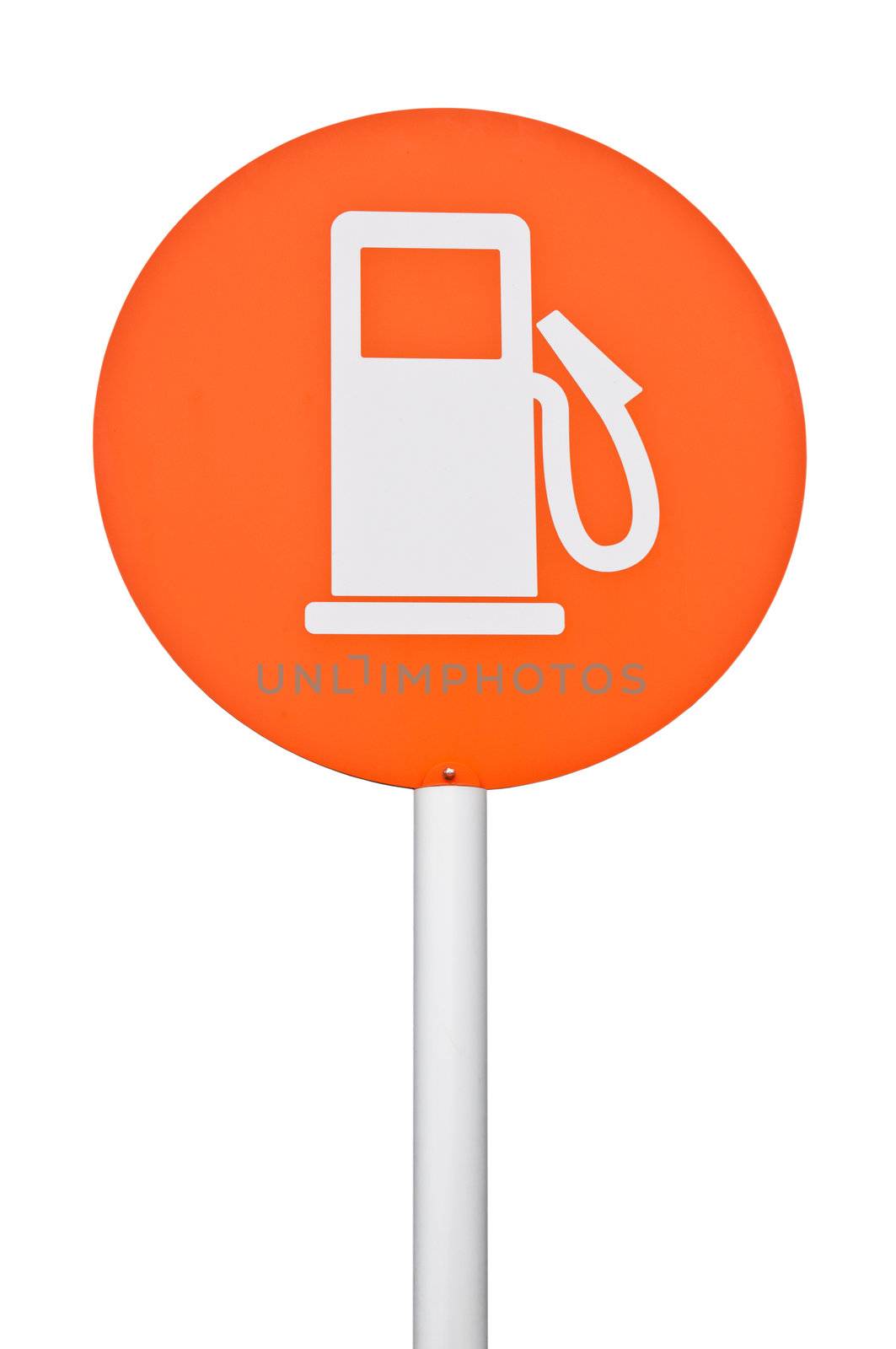 orange gas station sign on post pole (isolated on white background)