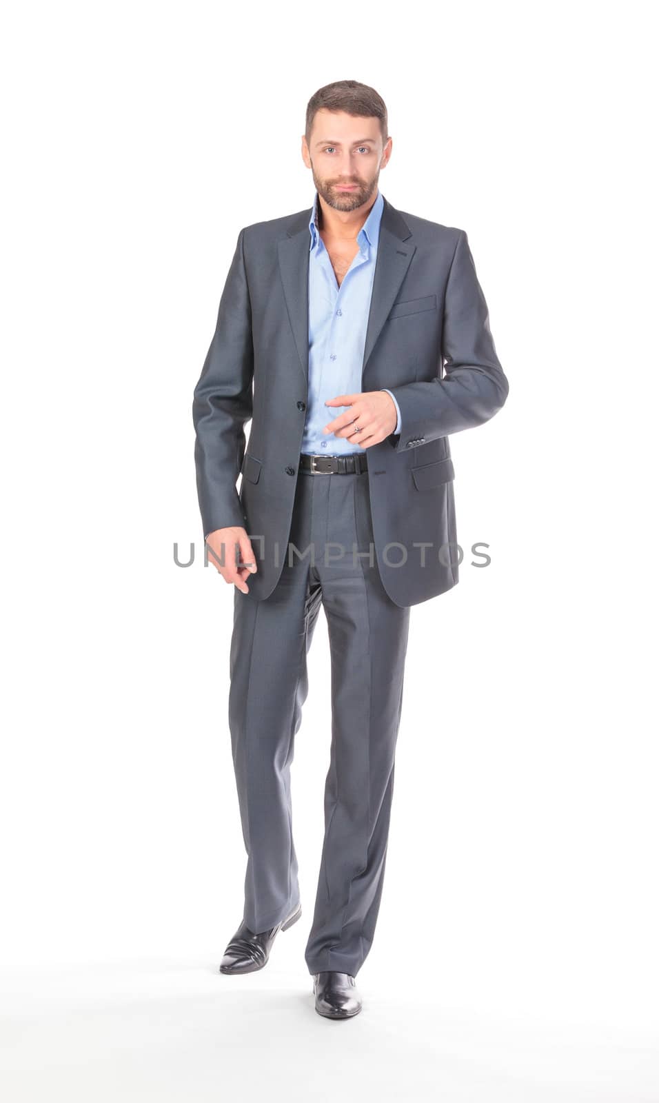 Full length portrait businessman, over white background