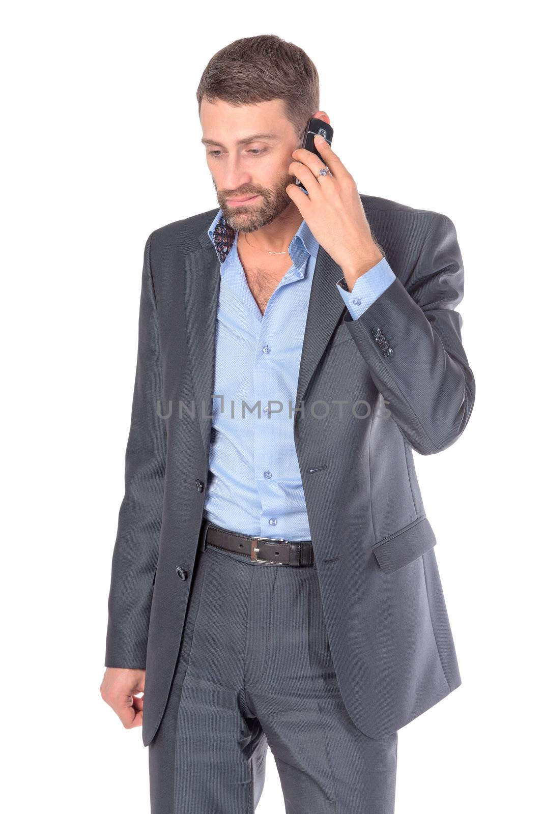 Portrait businessman with mobile phone, over white background