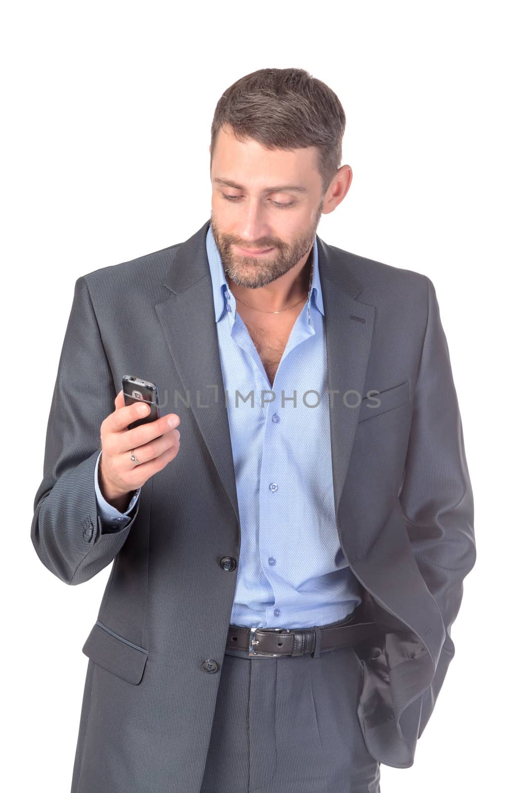 Portrait businessman with mobile phone, over white background