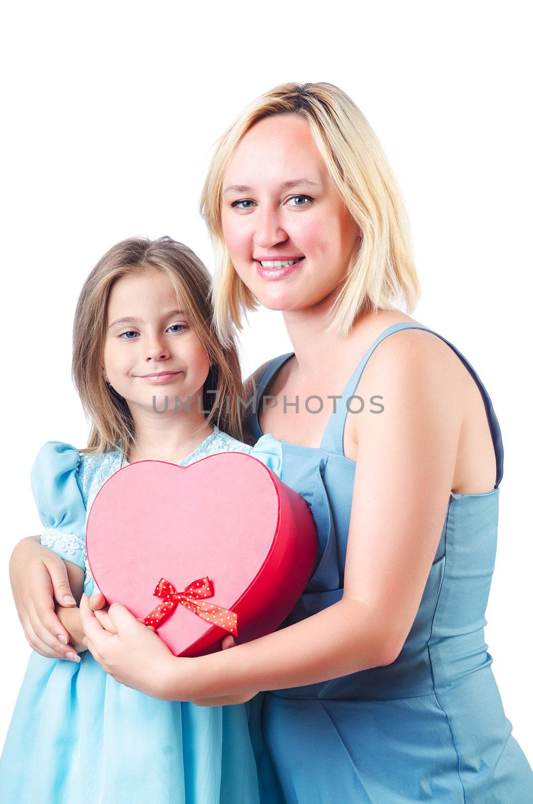 Happy mom and daughter on white