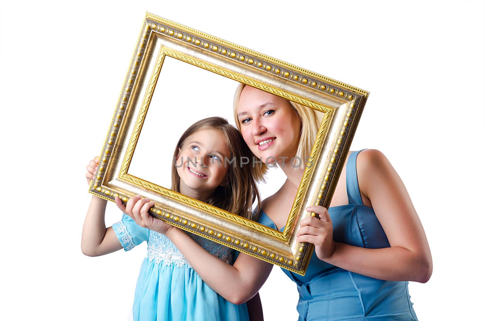 Happy mom and daughter on white