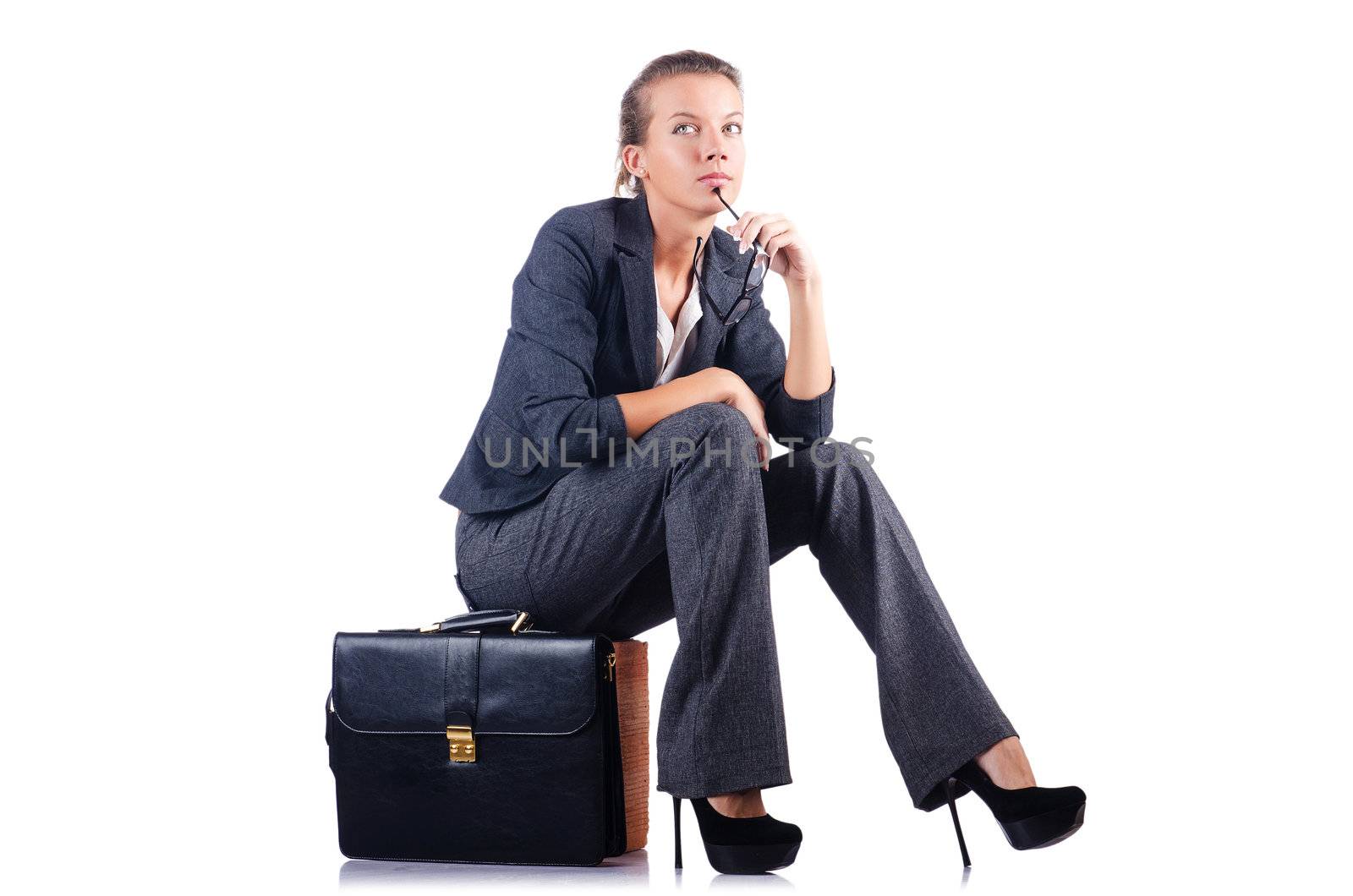 Young woman with briefcase on white by Elnur