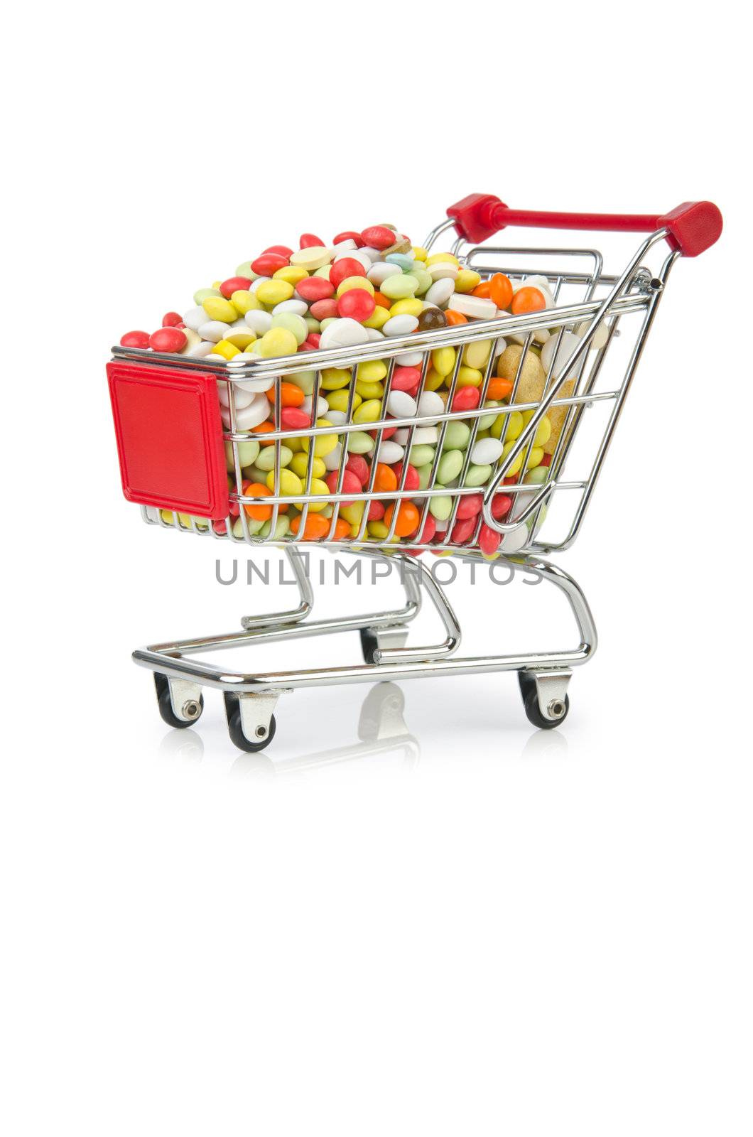 Shopping cart with many colourful pills