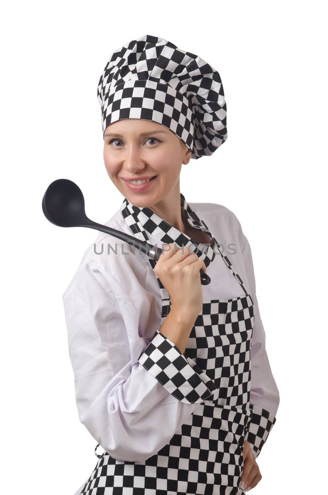 Young woman cook isolated on white