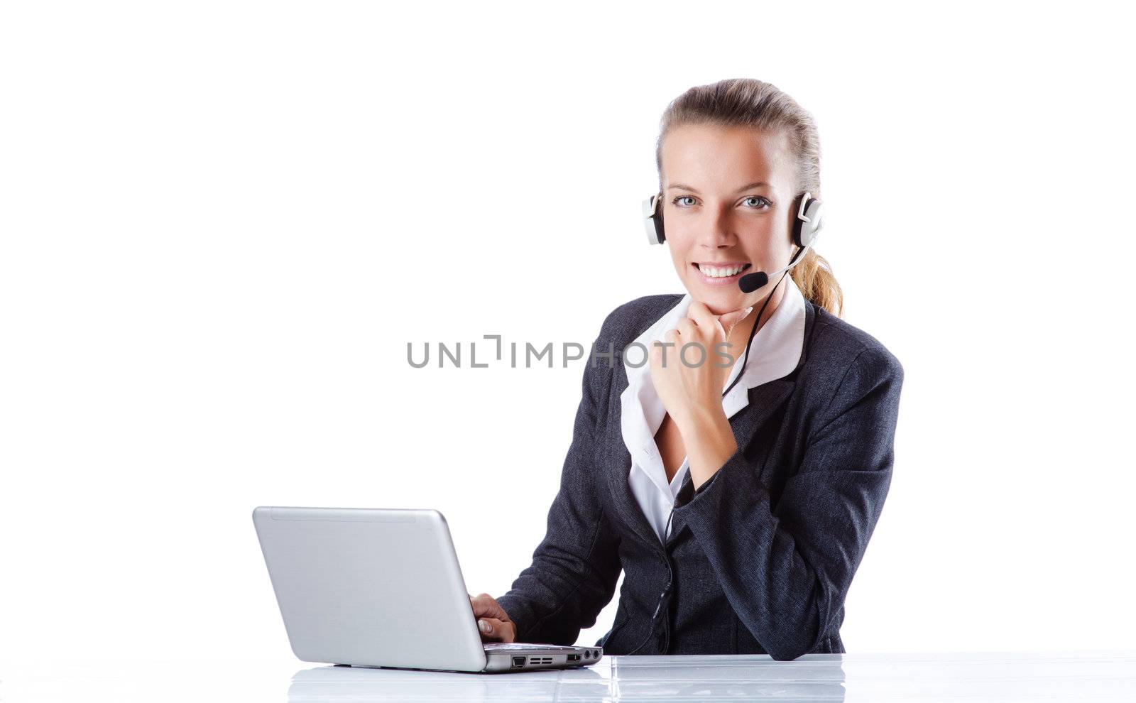 Female helpdesk operator on white