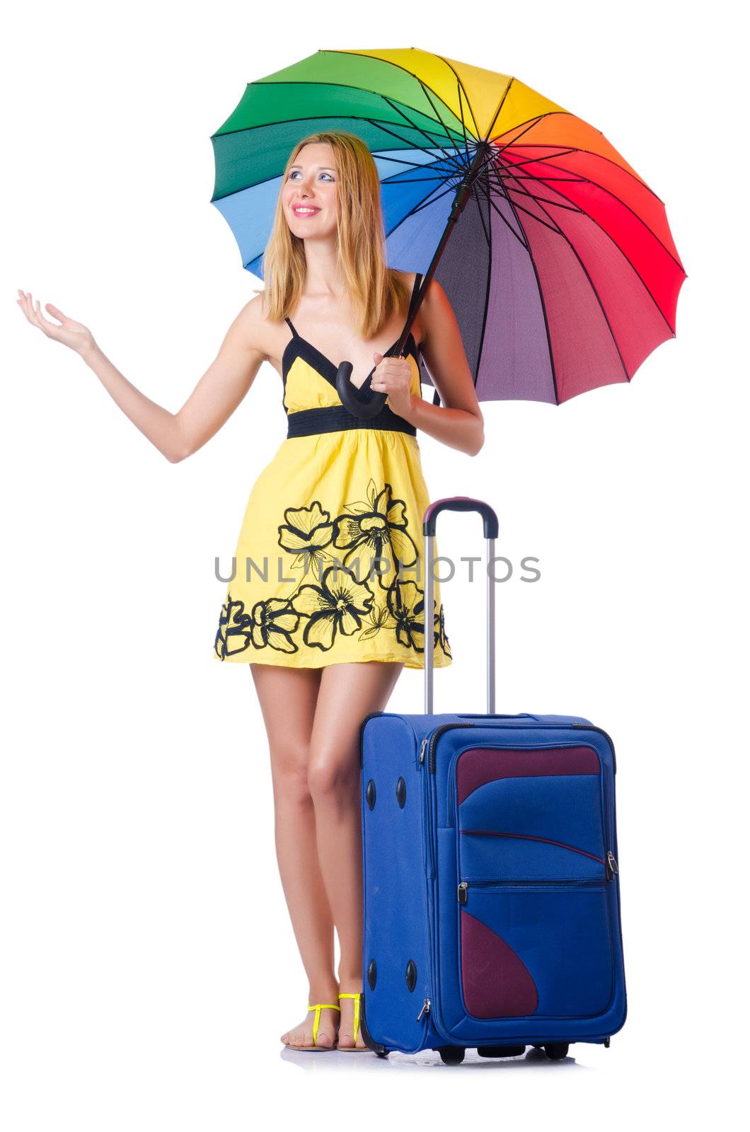 Woman going to summer vacation with suitcase by Elnur