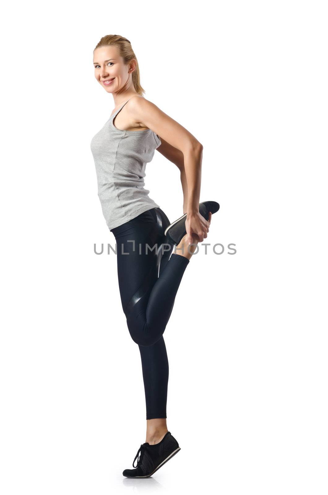 Woman doing exercises on white