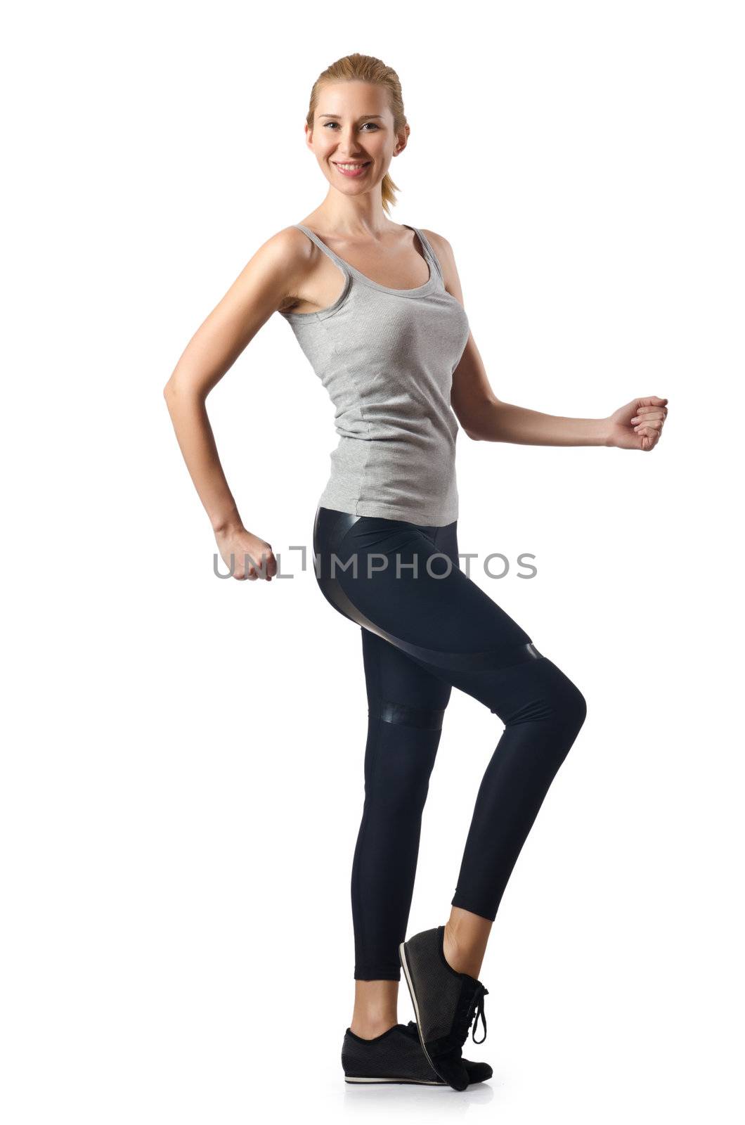 Woman doing exercises on white