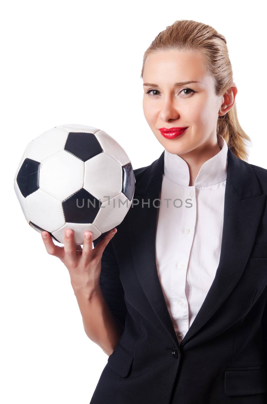 Businesswoman with football on white